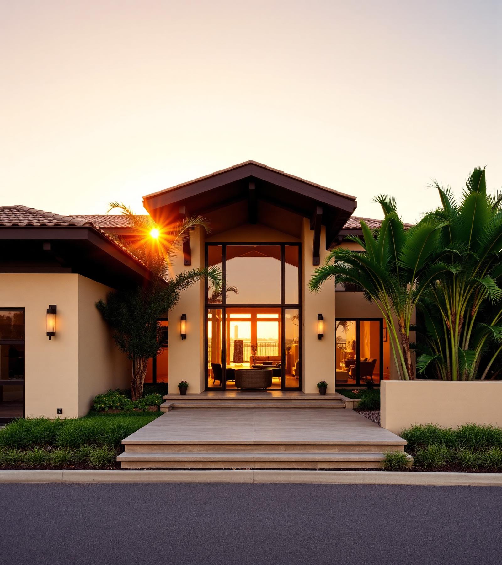Modern luxury home at golden hour
